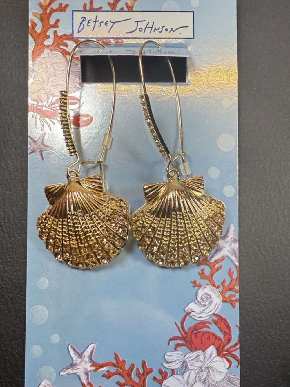 Betsey Johnson Mermaid Jewels Gold Tone Seashell Drop Earrings Crystal NWT